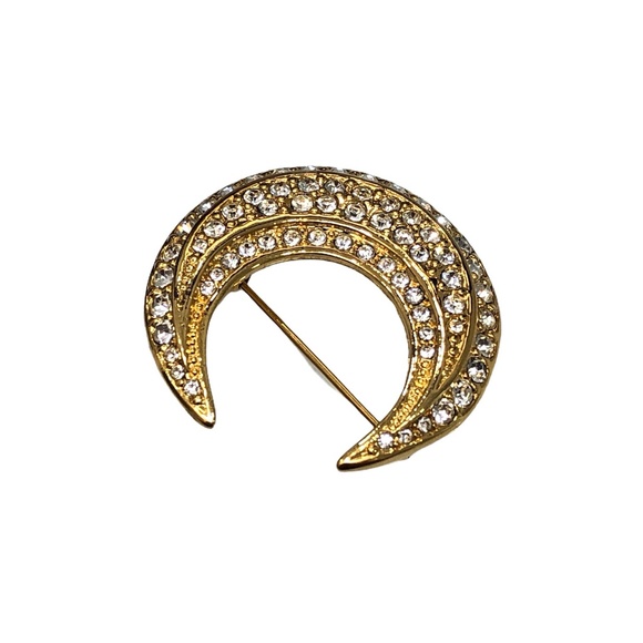 VINTAGE JOAN RIVERS GOLD & CLEAR CRYSTAL CRESCENT MOON BROOCH - Picture 9 of 16